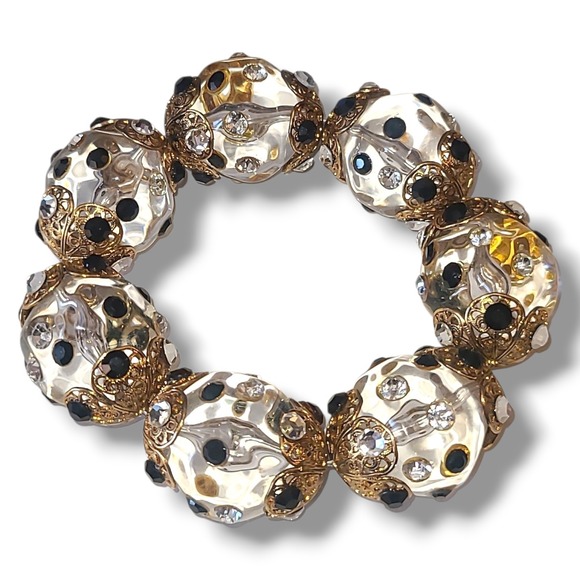 Vintage Chunky Lucite Rhinestone Beaded Stretch Bracelet Gold Filigree - Picture 3 of 3